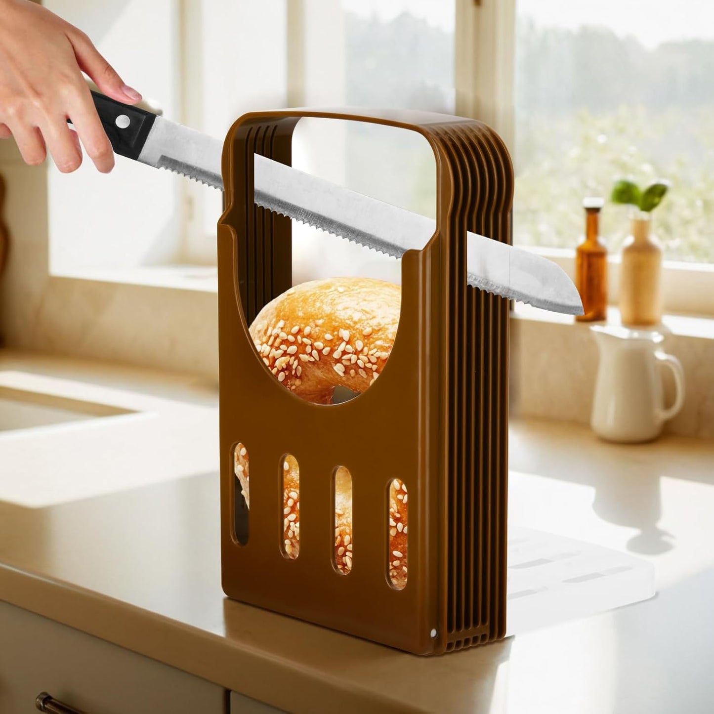 Adjustable Bagel Slicer – Multipurpose Bread, Muffin, Donut, Cheese, and Toast Cutting Guide with Safe Hand Protection