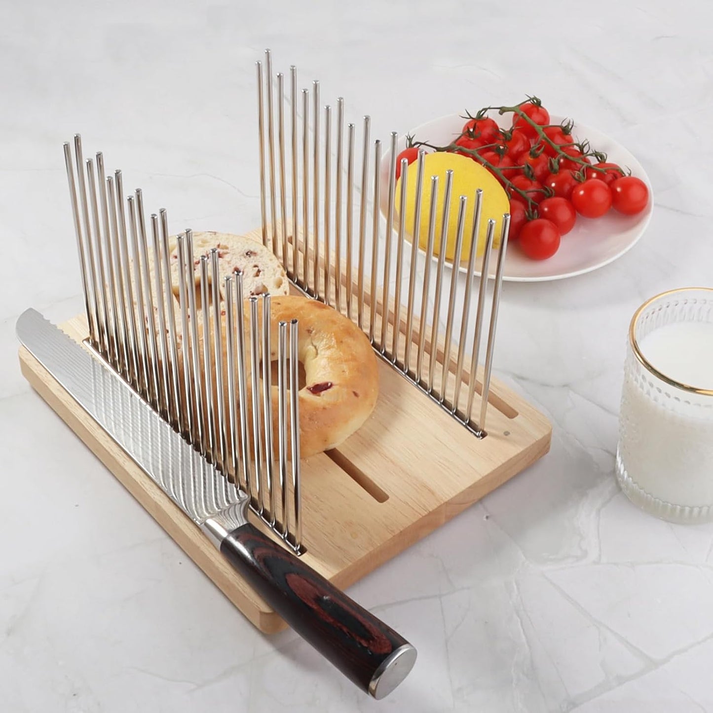 Adjustable Wooden Bread Slicer with Stainless Steel Guides – 4 Width Settings & 4 Slice Thickness Options for Perfect Toast and Loaf Cutting