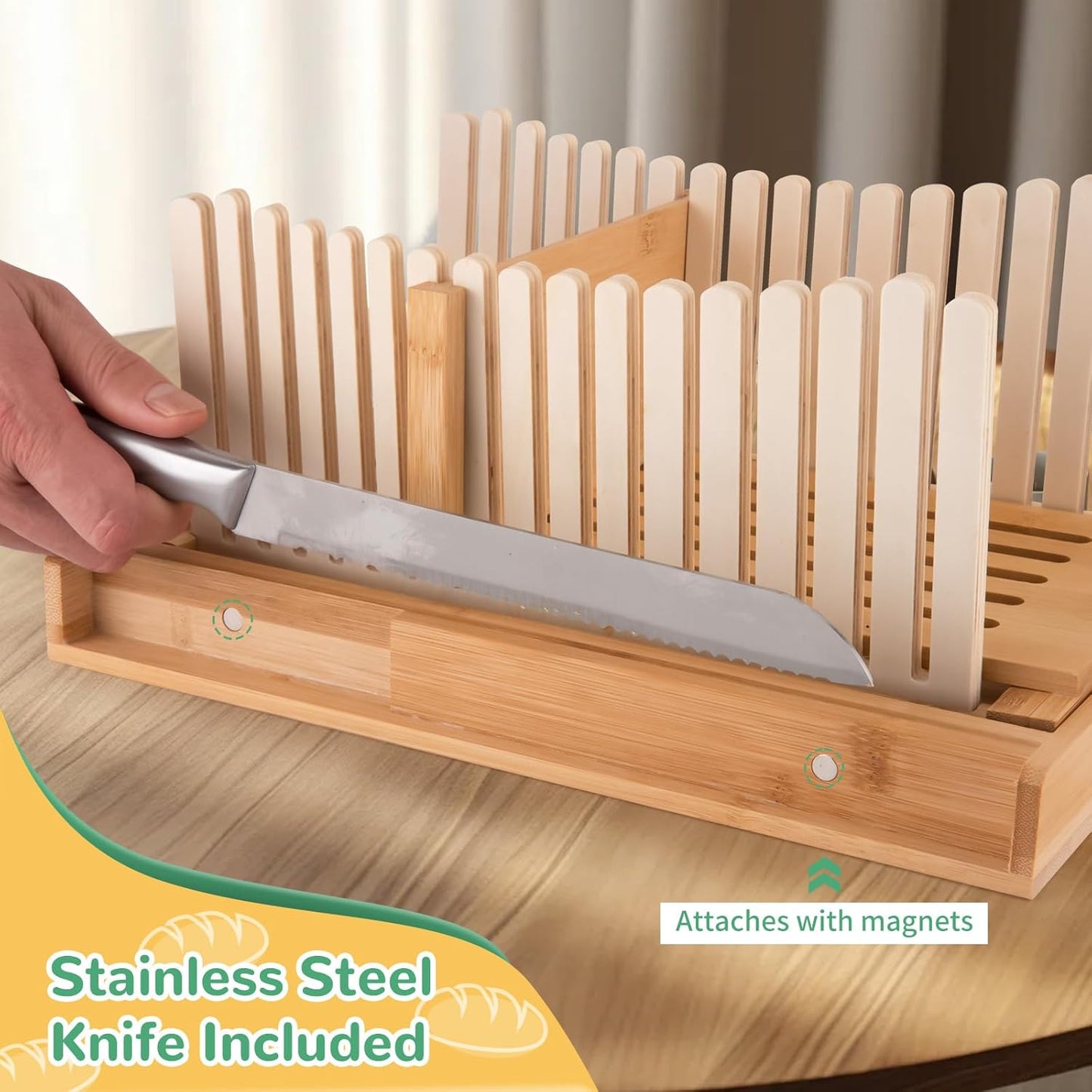 Bamboo Bread Slicer Set with Tray and Bread Knife – Non-Slip Loaf Cutting Guide for Even Slices, Kitchen Baking Tool for Toast, Boule, Cake, and Baguette