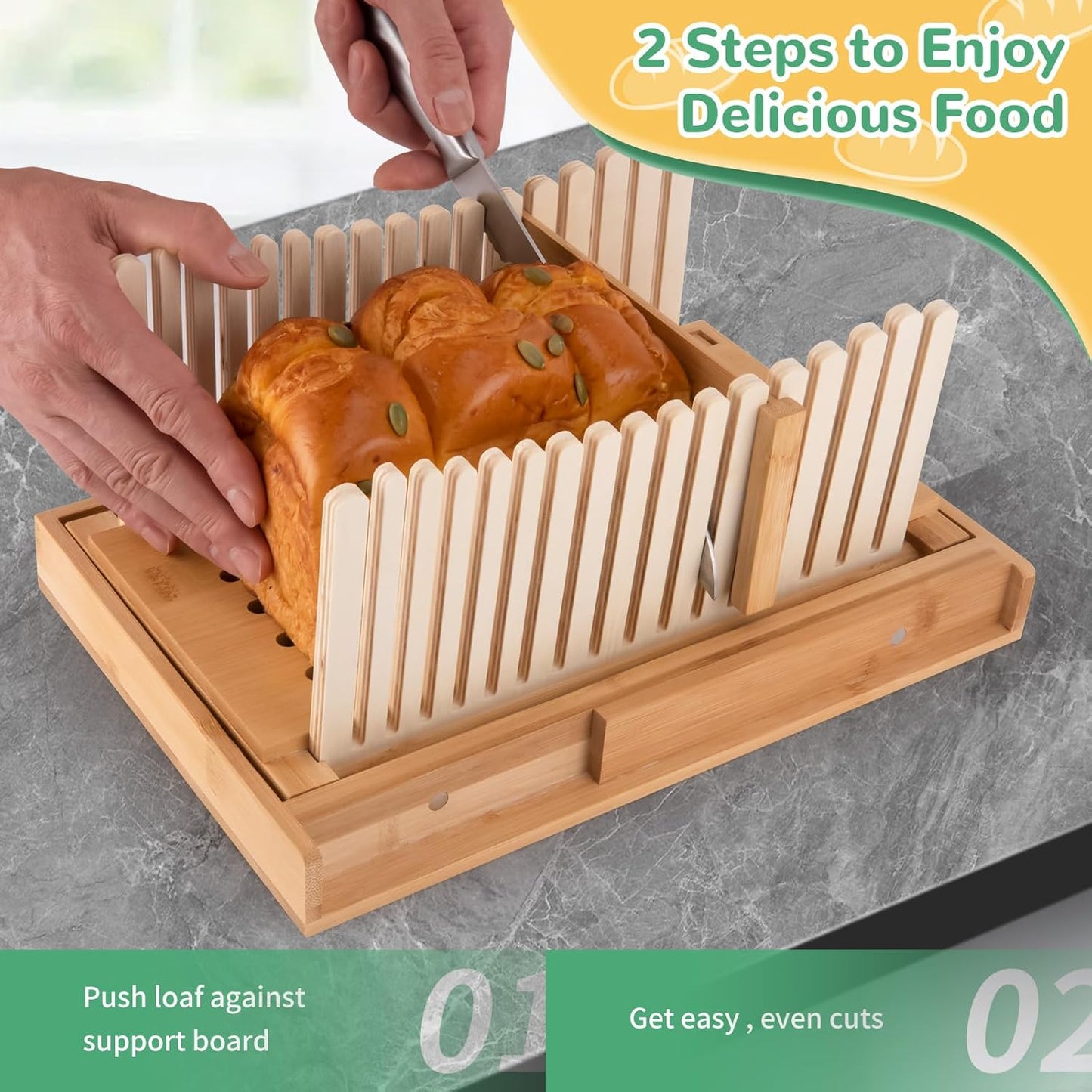 Bamboo Bread Slicer Set with Tray and Bread Knife – Non-Slip Loaf Cutting Guide for Even Slices, Kitchen Baking Tool for Toast, Boule, Cake, and Baguette
