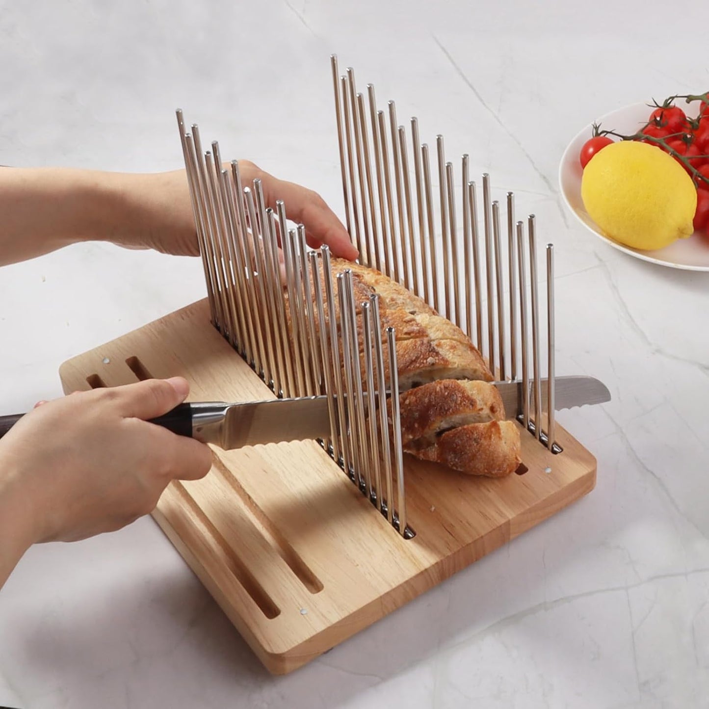 Adjustable Wooden Bread Slicer with Stainless Steel Guides – 4 Width Settings & 4 Slice Thickness Options for Perfect Toast and Loaf Cutting