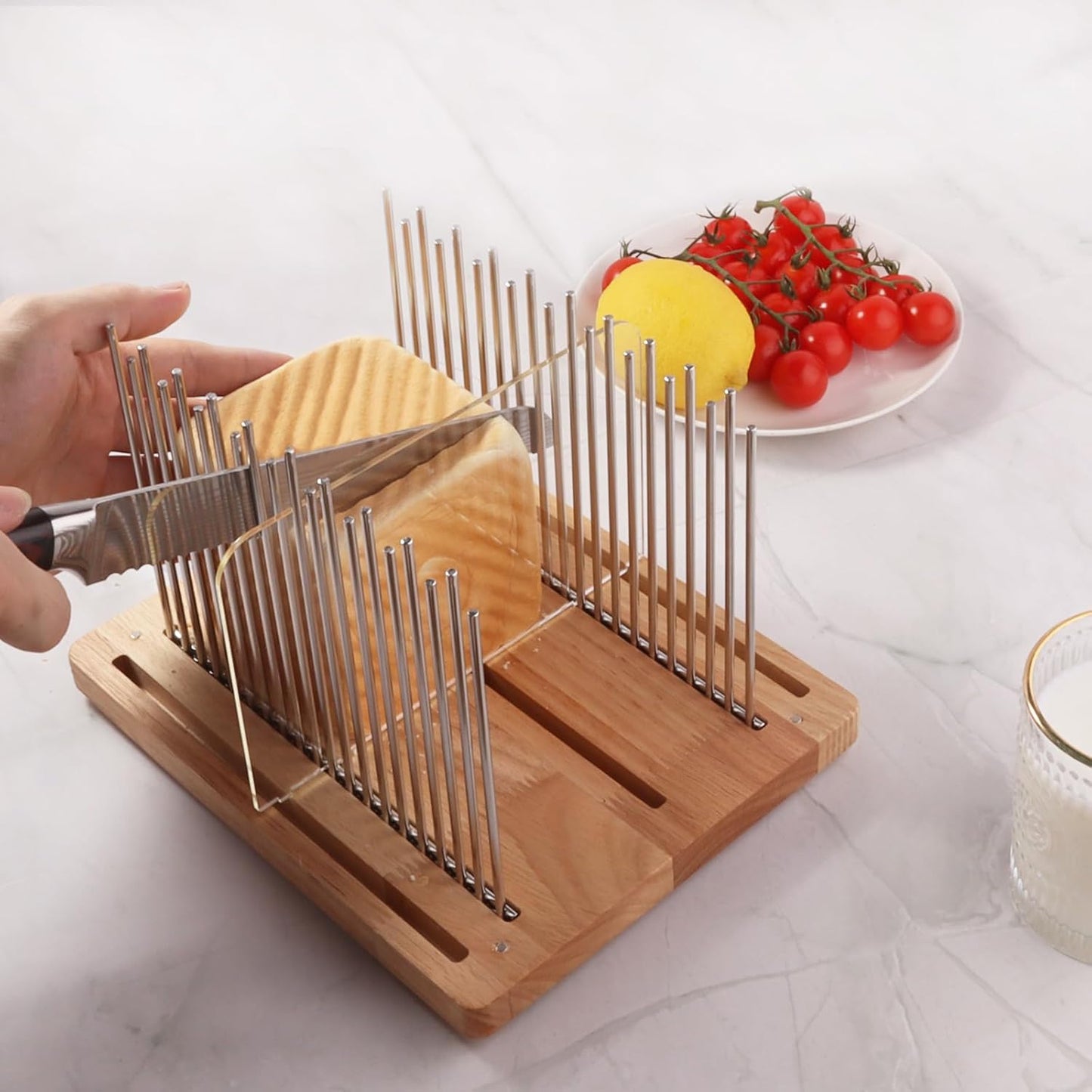 Adjustable Wooden Bread Slicer with Stainless Steel Guides – 4 Width Settings & 4 Slice Thickness Options for Perfect Toast and Loaf Cutting