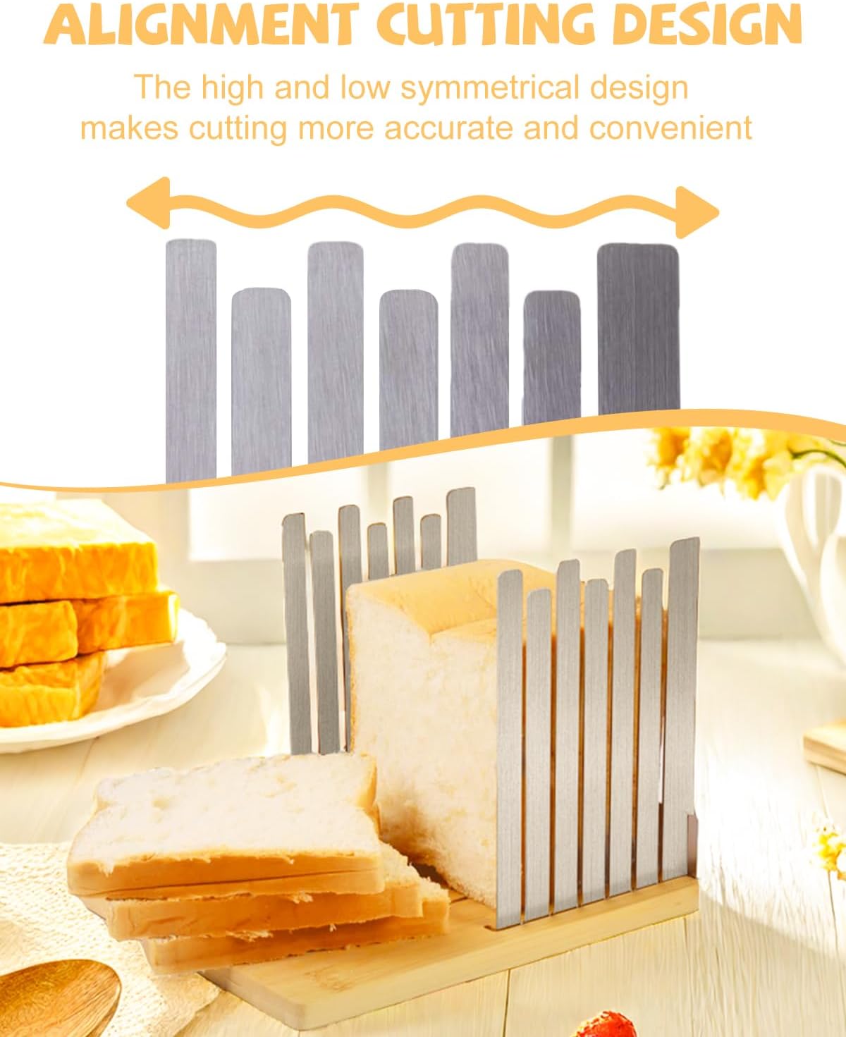 Bamboo & Stainless Steel Bread Slicer – Adjustable Width Toast Cutting Guide, Non-Slip Base, Perfect for Even Slices at Home or Bakery