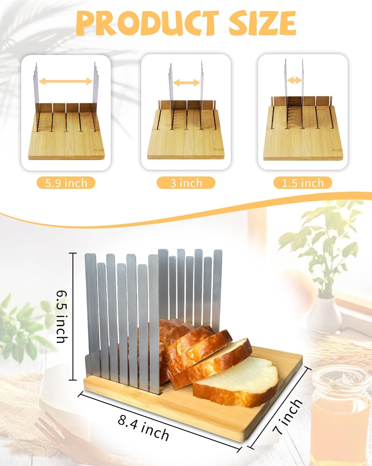 Bamboo & Stainless Steel Bread Slicer – Adjustable Width Toast Cutting Guide, Non-Slip Base, Perfect for Even Slices at Home or Bakery