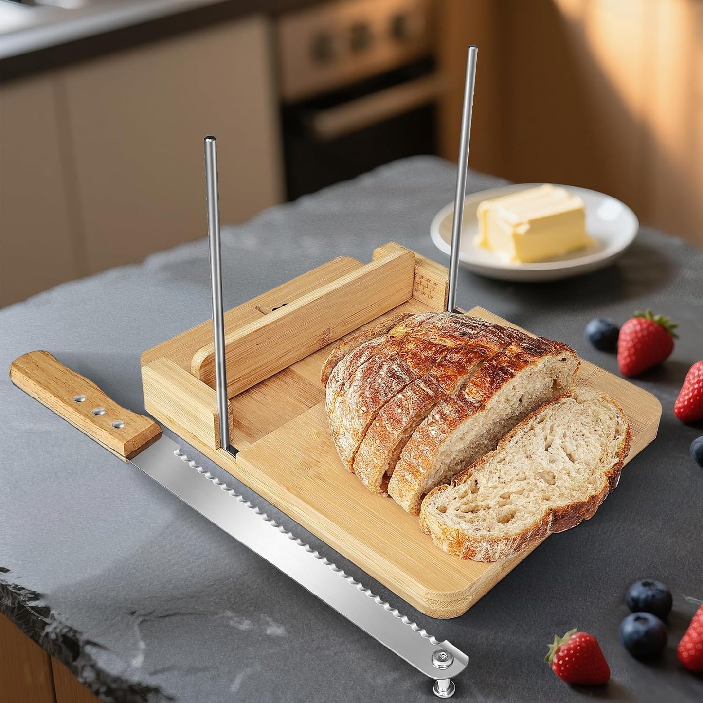 Bamboo Bread Slicer with Stainless Steel Guides – Large Size Loaf & Boule Cutting Board for Even Slices, Kitchen Baking Tool for Home and Cafe
