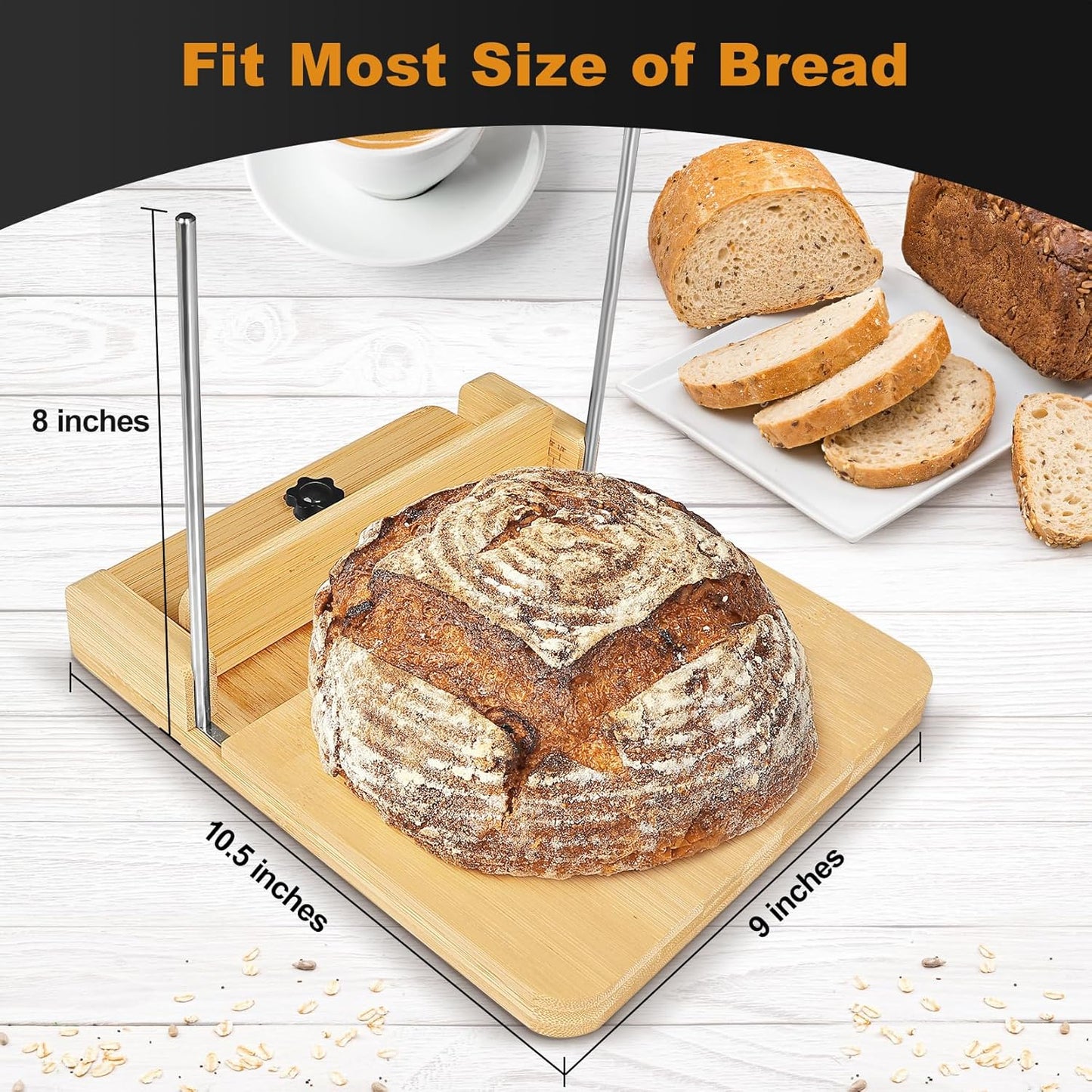 Bamboo Bread Slicer with Stainless Steel Guides – Large Size Loaf & Boule Cutting Board for Even Slices, Kitchen Baking Tool for Home and Cafe