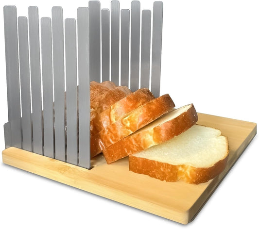 Bamboo & Stainless Steel Bread Slicer – Adjustable Width Toast Cutting Guide, Non-Slip Base, Perfect for Even Slices at Home or Bakery