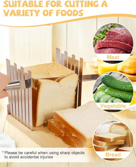 Bamboo & Stainless Steel Bread Slicer – Adjustable Width Toast Cutting Guide, Non-Slip Base, Perfect for Even Slices at Home or Bakery