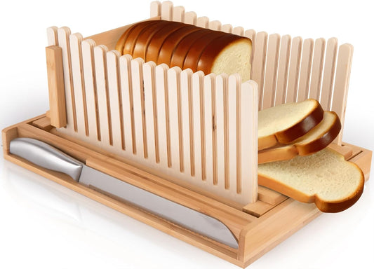 Bamboo Bread Slicer Set with Tray and Bread Knife – Non-Slip Loaf Cutting Guide for Even Slices, Kitchen Baking Tool for Toast, Boule, Cake, and Baguette