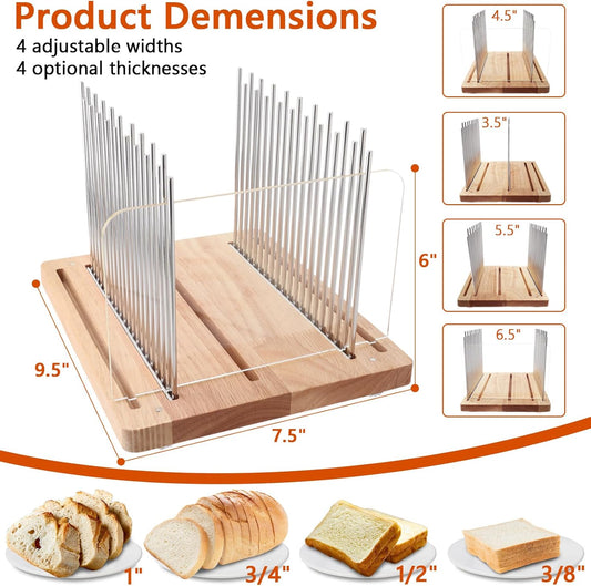 Adjustable Wooden Bread Slicer with Stainless Steel Guides – 4 Width Settings & 4 Slice Thickness Options for Perfect Toast and Loaf Cutting