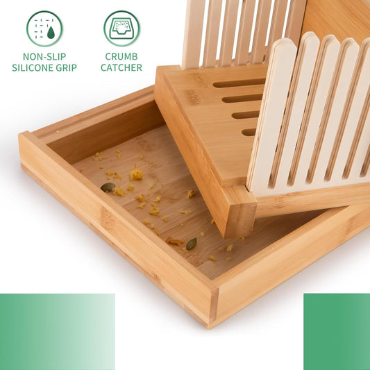 Bamboo Bread Slicer Set with Tray and Bread Knife – Non-Slip Loaf Cutting Guide for Even Slices, Kitchen Baking Tool for Toast, Boule, Cake, and Baguette