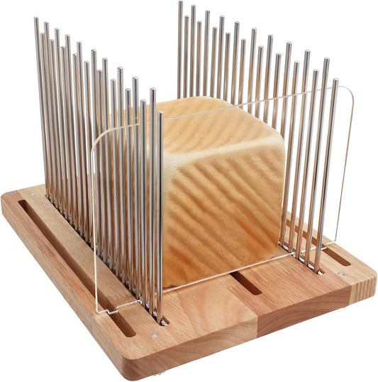 Adjustable Wooden Bread Slicer with Stainless Steel Guides – 4 Width Settings & 4 Slice Thickness Options for Perfect Toast and Loaf Cutting