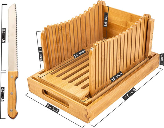 Bamboo Bread Slicer Set with Bread Knife – Foldable Toast and Loaf Cutting Guide for Even Slices, Non-Slip Design, Kitchen Baking Tool