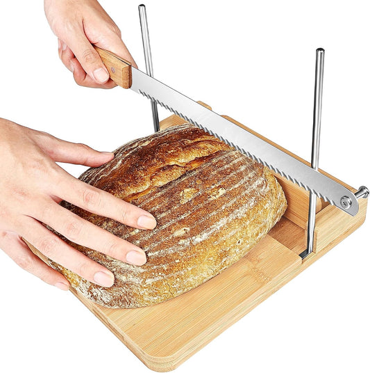 Bamboo Bread Slicer with Stainless Steel Guides – Large Size Loaf & Boule Cutting Board for Even Slices, Kitchen Baking Tool for Home and Cafe