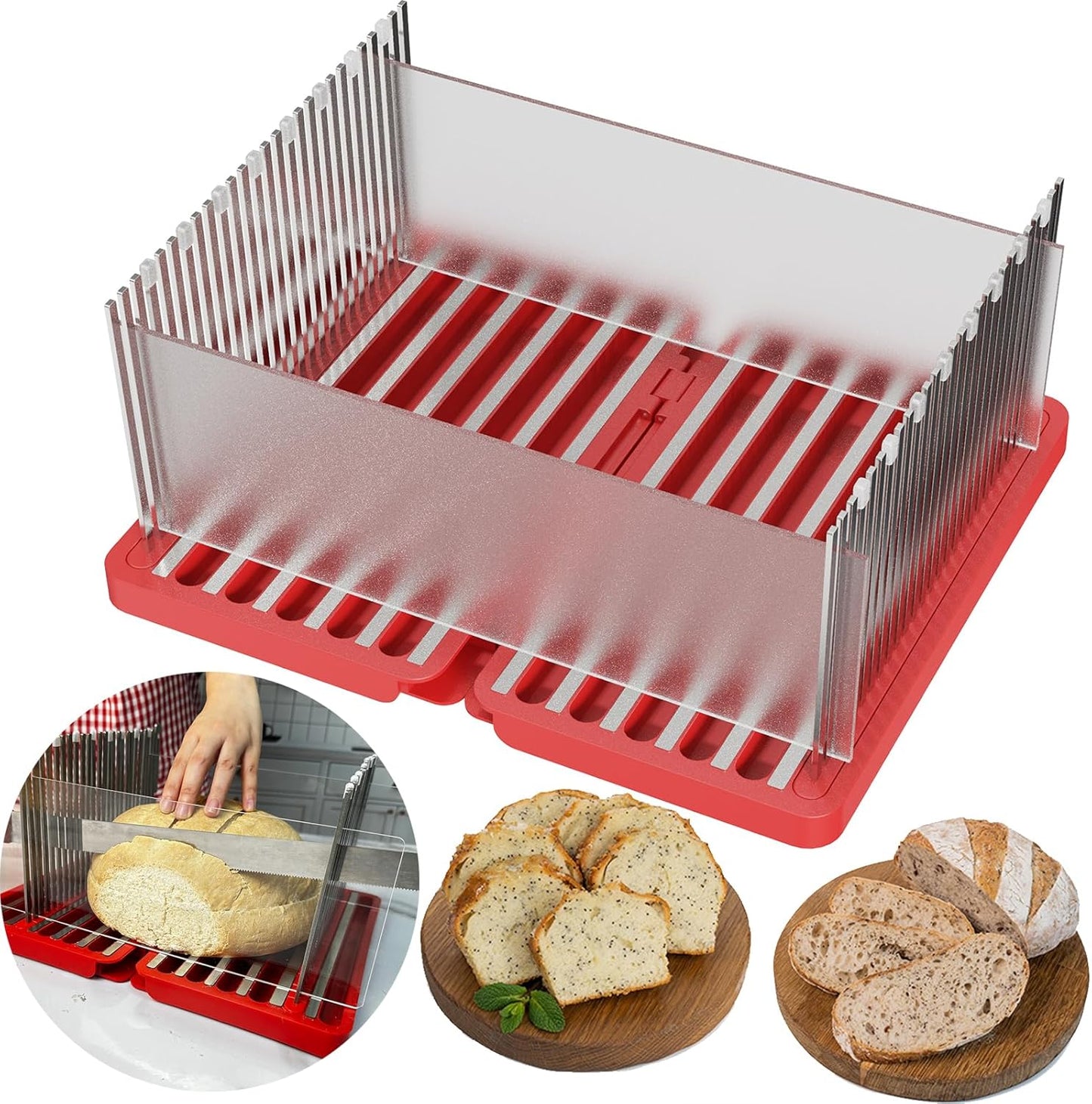 Foldable Bread Slicer with Stainless Steel Guides – Non-Slip Base, Even Slice Design, Kitchen Baking Tool for Toast, Loaf, and Cake Cutting