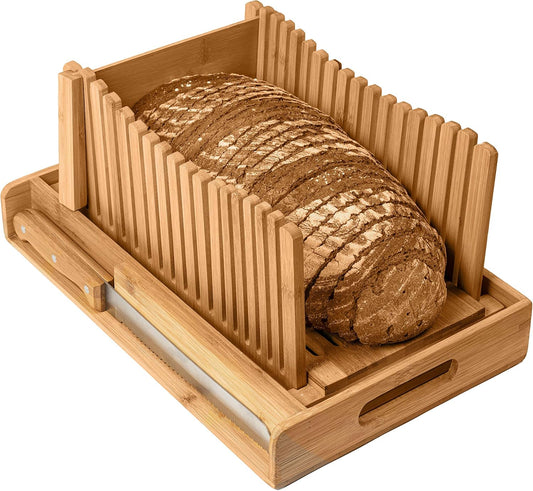 Bamboo Bread Slicer Set with Bread Knife – Foldable Toast and Loaf Cutting Guide for Even Slices, Non-Slip Design, Kitchen Baking Tool
